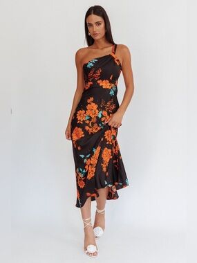 Here Comes the Sun Fly Love Satin One Shoulder Maxi Dress Floral Black